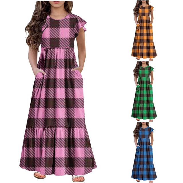 Sentmoon Robes pour Enfants Été Tendance Col Rond Printemps Robes pour Adolescentes Imprimé à Carreaux Décontracté Robe de Collation des Grades Extensible pour Filles pour Voyage 10 Ans