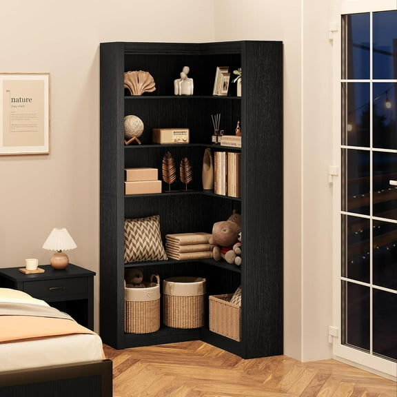 71.8" Corner Bookshelf, 5-Tier L-Shaped Farmhouse Bookcase with Thickened Shelves & Anti-Tip Kit, Space-Saving Corner Storage Display Shelf for Home Office Living Room, Black