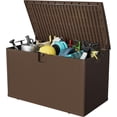 thumbnail image 1 of YUSAZENS Boîte de Rangement Extérieure de 120 Gallons, Résine Plastique, Résistante aux Intempéries, Contenant Organisateur d'Outils de Patio Brun, 1 of 8