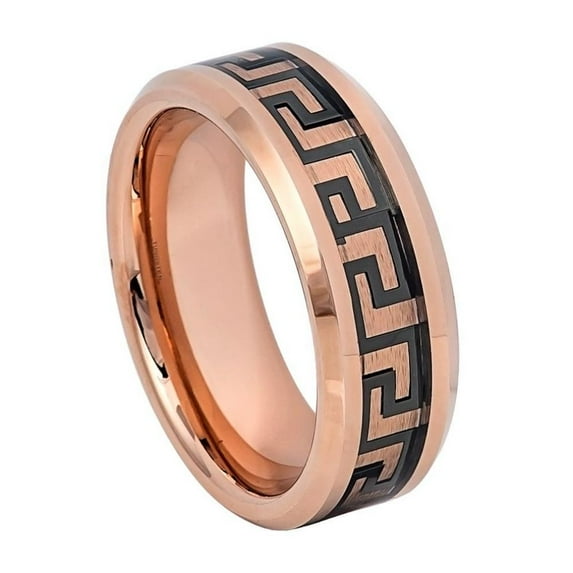 Custom Personalized Engraving Wedding Band Ring Set for Him & Her - 8mm Rose Gold IP High Polished Beveled Edge Greek Key Inlay