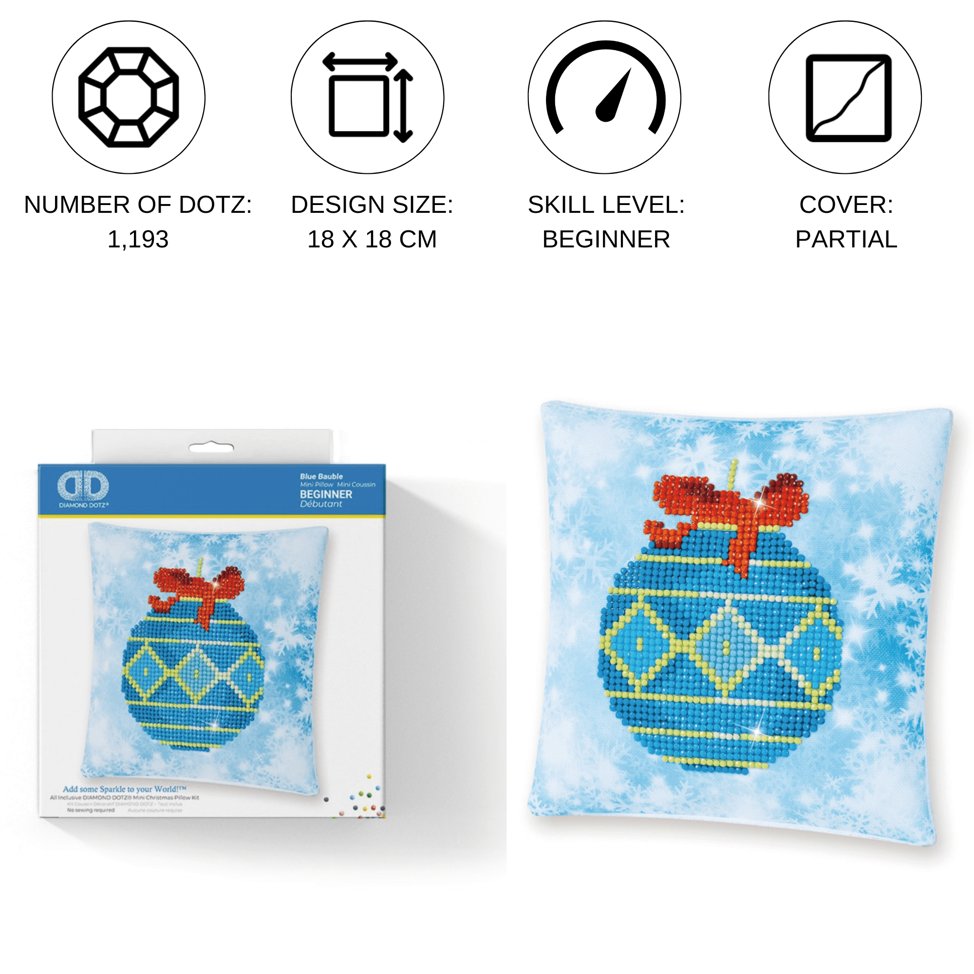 Diamond Dotz Blue Bauble Pillow Ornament  Diamond Painting Kits for Adults - Diamond Art Kits a Relaxing Creative Craft Kit with Dotz Gems 7"x7"