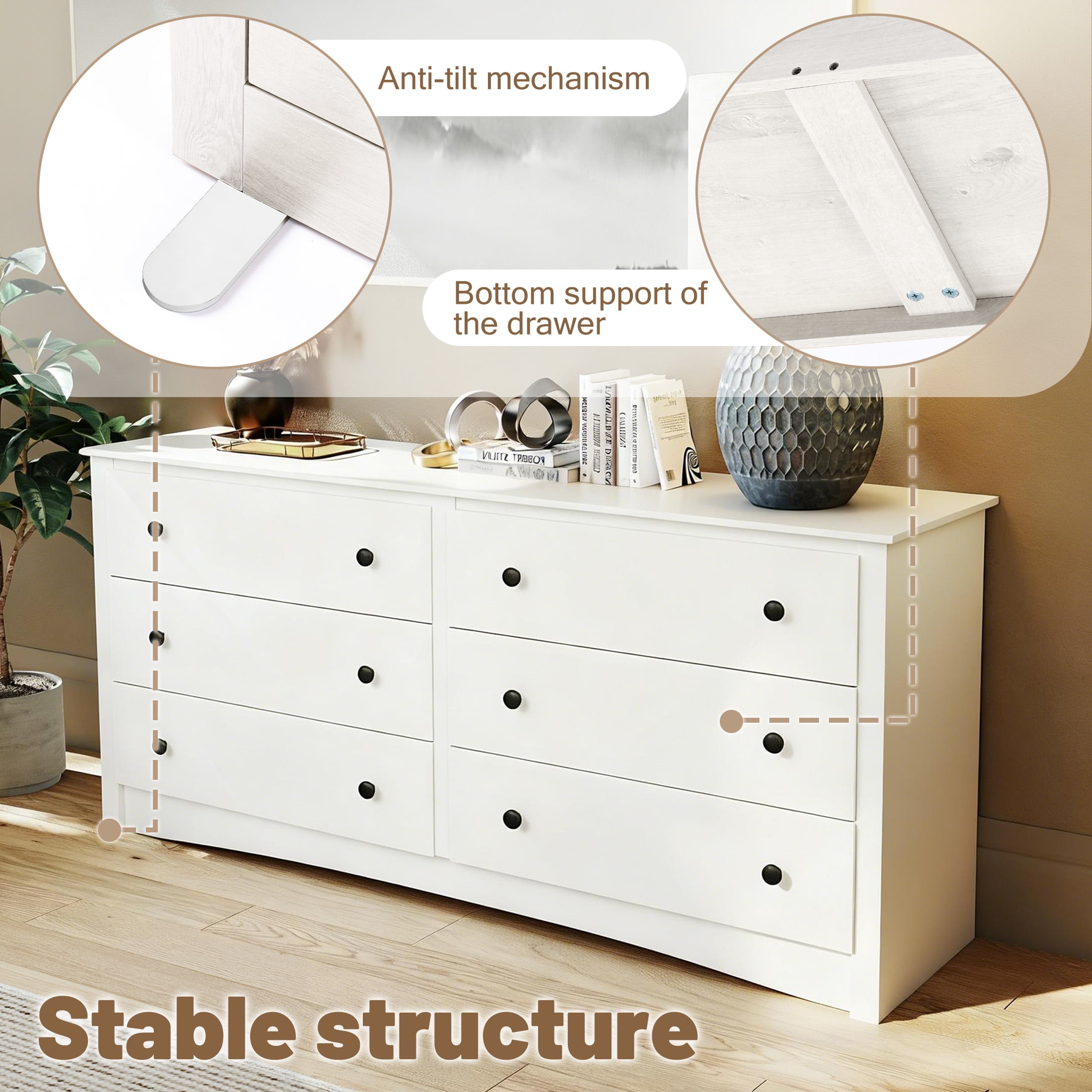 CONCETTA 6-Drawer Double Dresser for Bedroom, Wide Chest of Drawers, Bedroom Storage Furniture，White
