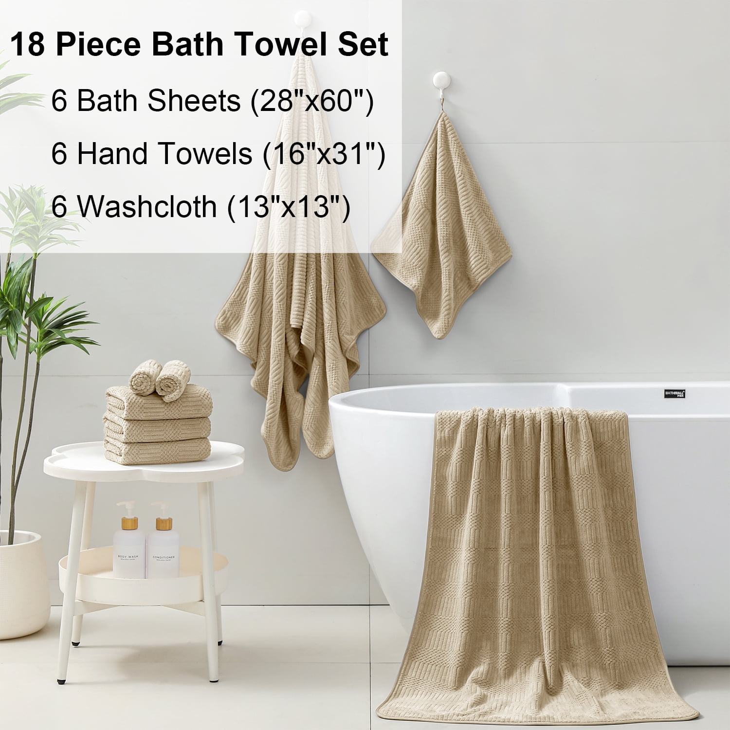 Beartech 18 Piece Bath Towel Set-6 Bath Sheet,6 Hand Towel,6 Washcloths Ultra Soft Microfiber Towels,Luxury Shower Towel,Quick-Dry & Highly Absorbent Bathroom Towels for Family,Hotel Spa-Camel