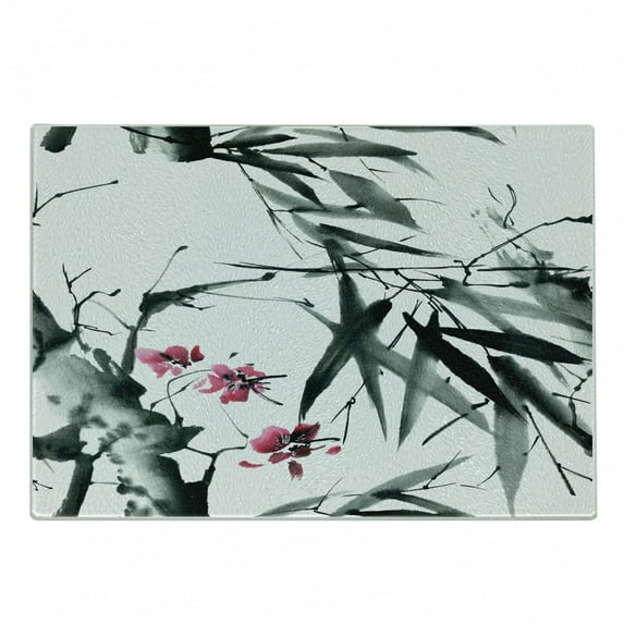 Japanese Cutting Board, Natural Bamboo Stems Cherry Blossom Japanese Inspired Folk Print, Decorative Tempered Glass Cutting and Serving Board, Small Size, Dark Green Fuchsia, by Ambesonne