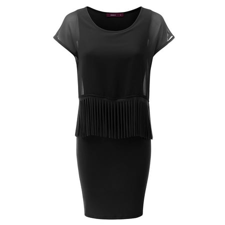 - Doublju Women's Short Sleeve Chiffon Fringe Shift Mini Dress