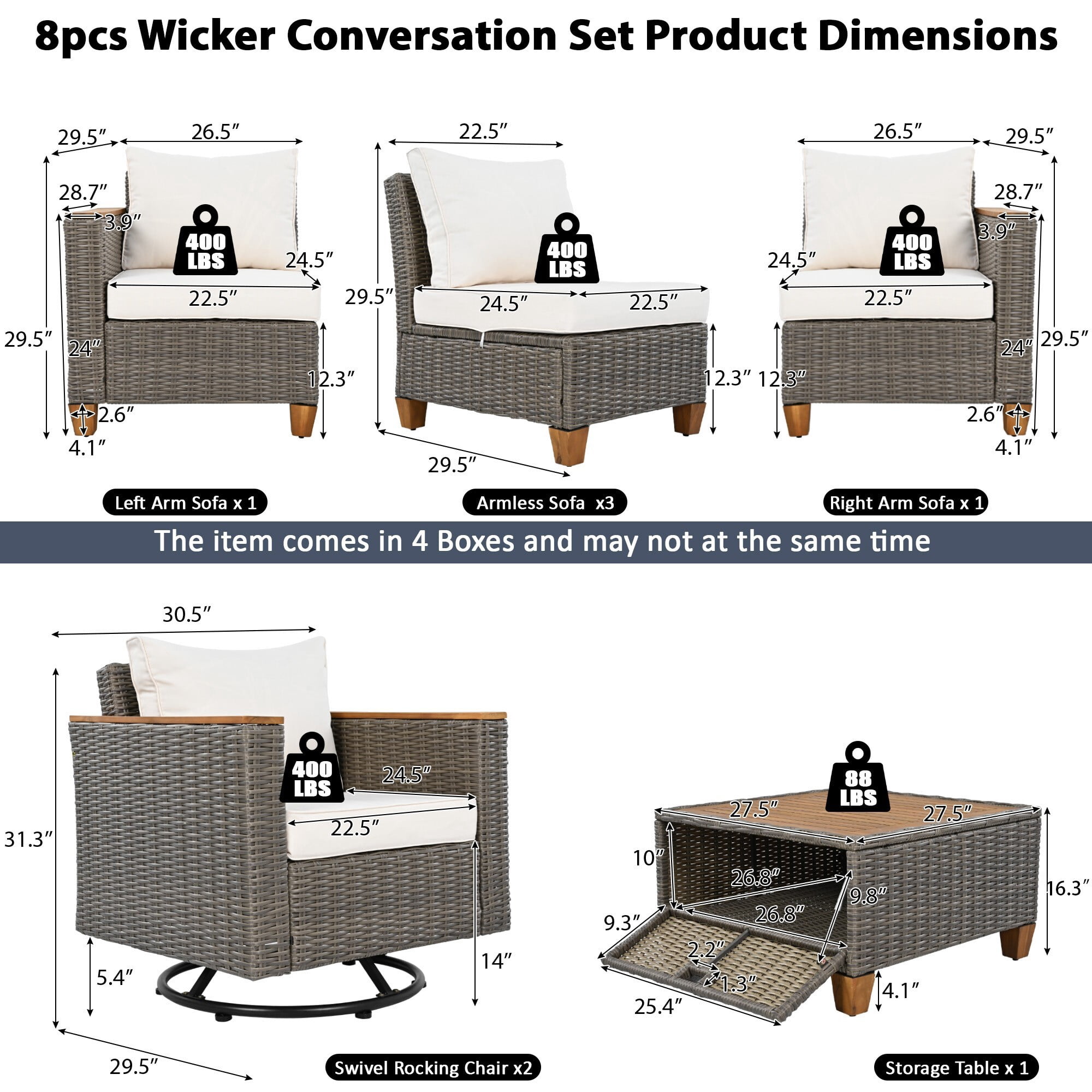 AENKYO 8-Piece Wicker Patio Furniture Set, Sectional Sofa w/ 360° Swivel Rocker Chairs & Acacia Storage Table, Beige