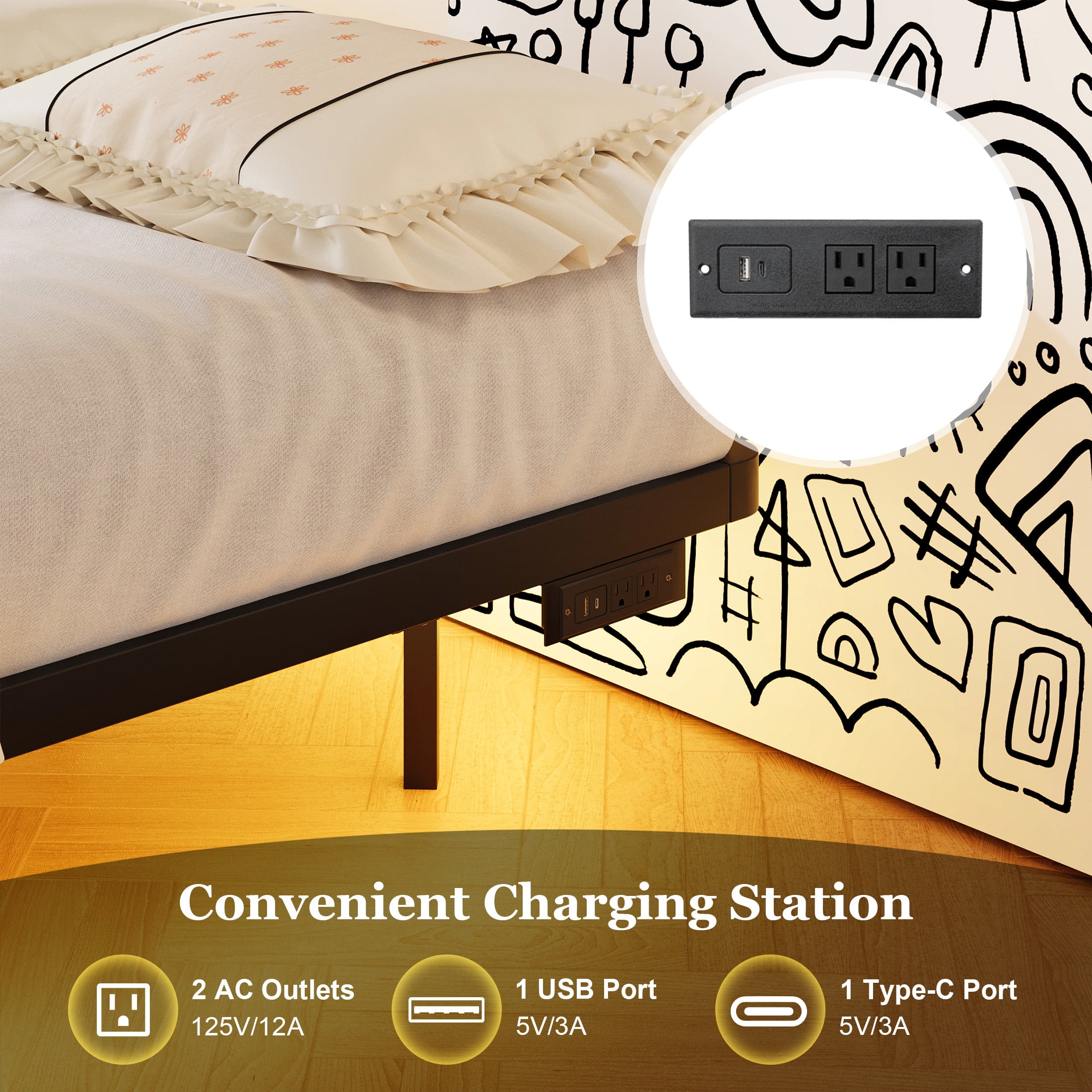 Amolife Heavy Duty Twin Size Floating Bed Frame with Smart LED Lights and Charging Station, Black