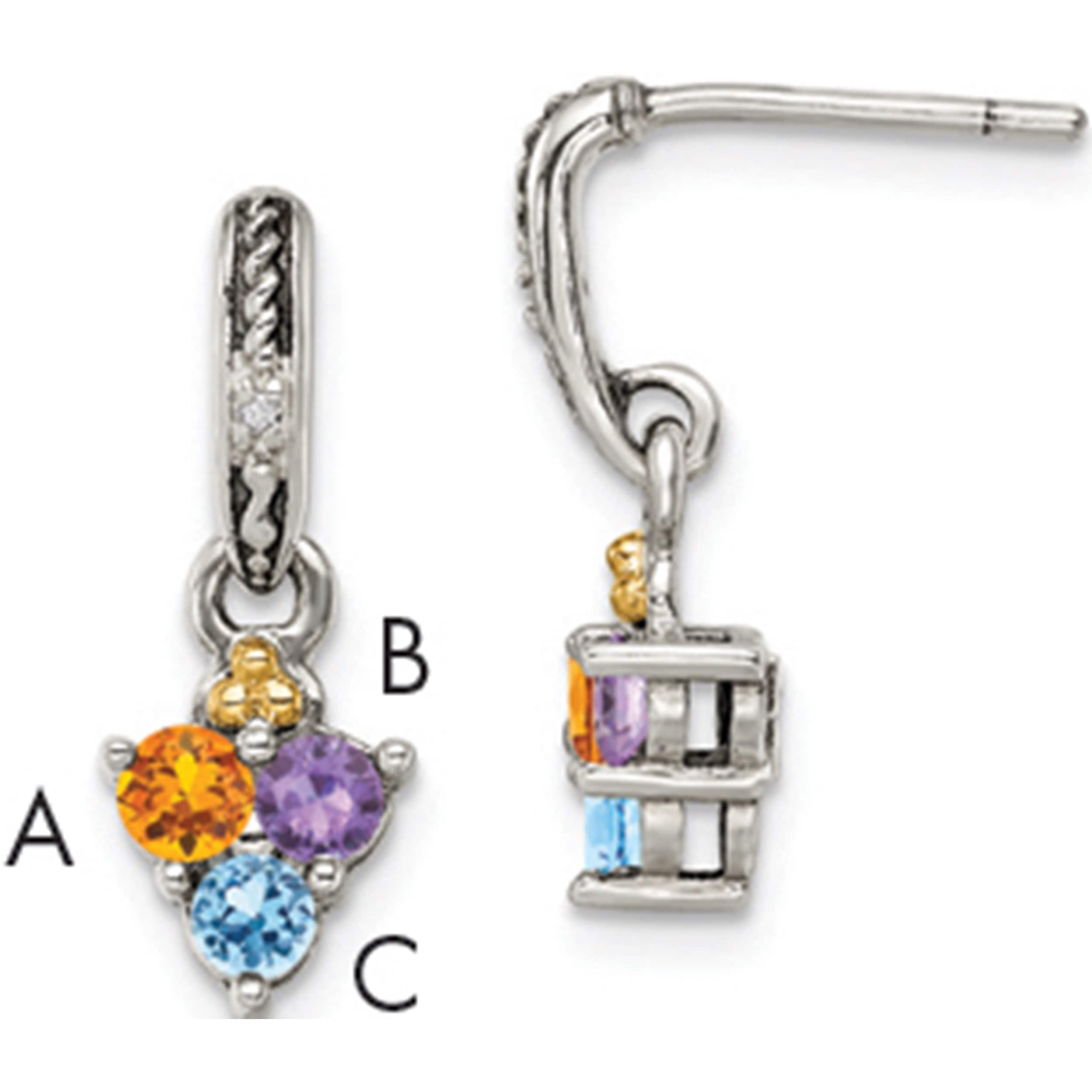 14K/Silver Two-Tone Sterling Silver & 14K Three-Stone And Diamond Mother's Earring Semi-Mount (20 X 8) Made In Thailand qme39/3