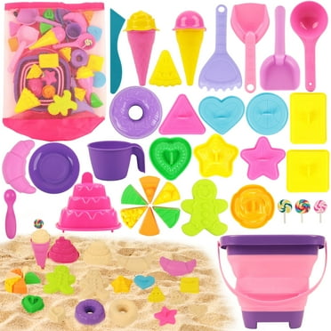 KiddiTouch Sand Toys 35Pcs Beach Toys Sandbox Toys with Collapsible Sand Bucket& Mesh Beach Toy Bag, 4 Sand Tools, 18 Sand Molds, Sand Castle Kit for Girls Kids Ages 3-12