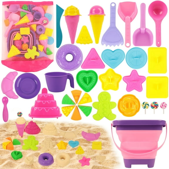 KiddiTouch Sand Toys 35Pcs Beach Toys Sandbox Toys with Collapsible Sand Bucket& Mesh Beach Toy Bag, 4 Sand Tools, 18 Sand Molds, Sand Castle Kit for Girls Kids Ages 3-12
