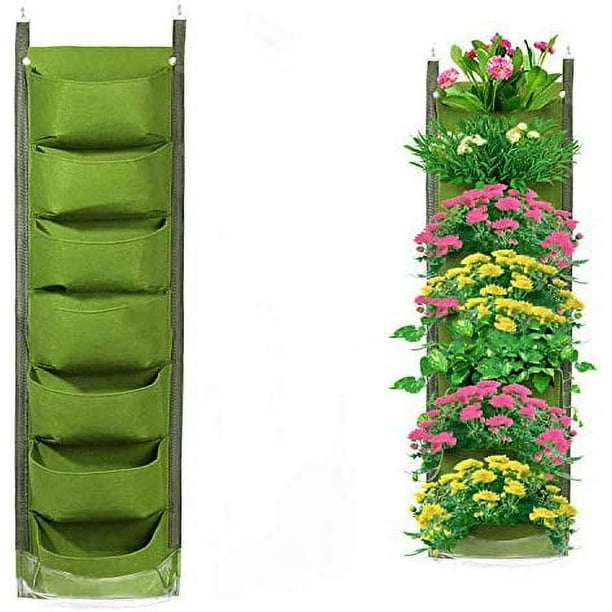 Nvzi Jardinera colgante vertical para jardín con 7 bolsillos, jardinera vertical para jardín, bolsa para cultivo de plantas para interior y exterior (verde)