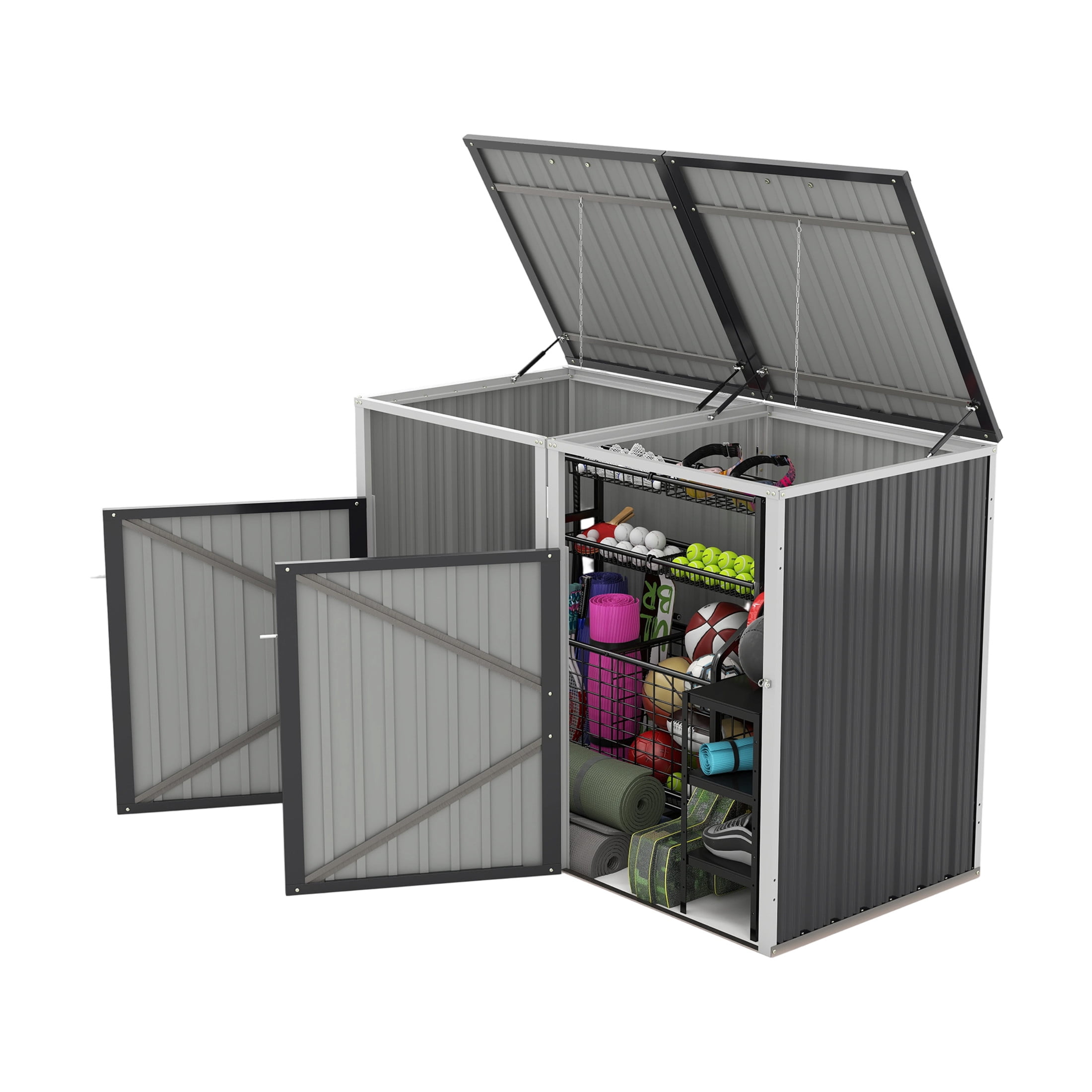 Noble House Outdoor Garbage Bin Shed for 2 Trash Cans, Lockable Galvanized Steel Garbage Bin Enclosure, Dark Gray