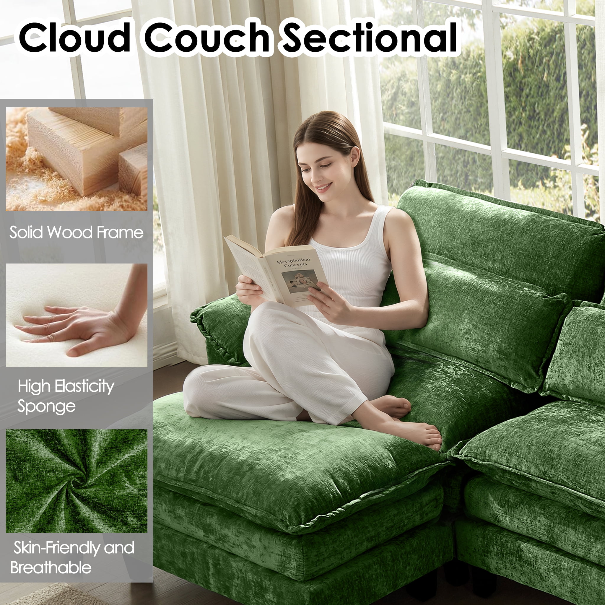 AISWORD U Shaped Cloud Couch Sectional, Oversized Modular Sofa with USB Charging, Hidden Storage, Cup Holders & Double Chaise for Living Room, Green