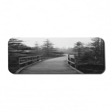 Landscape Computer Mouse Pad, Pathway in Wilderness with Pine Trees Czech Republic Dramatic Scene Nature, Rectangle Non-Slip Rubber Mousepad Large, 31" x 12", Black and White, by Ambesonne
