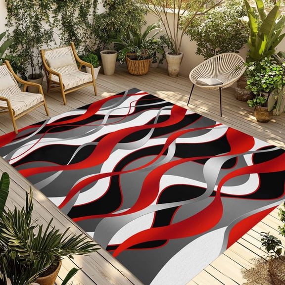 Red Stripe Outdoor Rug 5x7 Ft - Reversible Patio Rug Outdoor Camping Rugs, Grey White Ombre Geometric Modern Abstract Washable Indoor Outdoor Area Rugs, Non-Slip Outdoor Carpet Runner for Deck/Porch