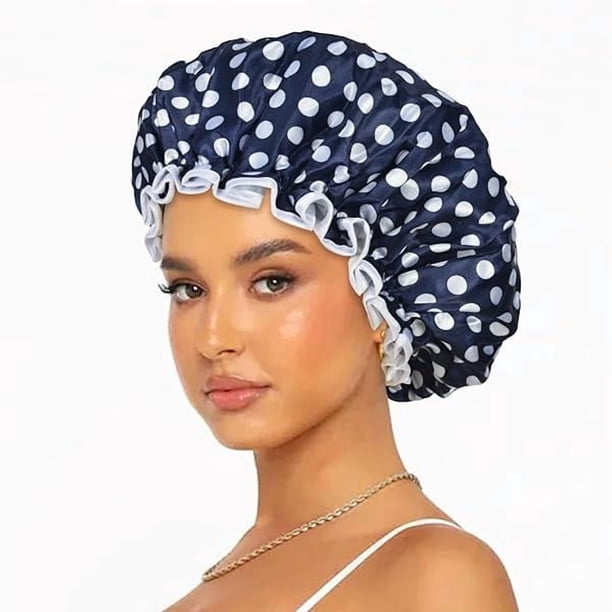 wonima11 Shower Caps for Women Reusable Waterproof Extra Large Adjustable Shower Cap Double Layer Navy Blue Reusable Bath Hair Caps Oversized Design for All Hair Lengths