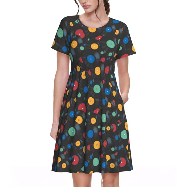 Bixox Robe d'Été à Manches Courtes pour Femmes Robe Ample Longueur Genou avec Poches-Disques Vintage