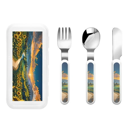 

Gaeub Sunflowers At Sunset Print 3-Piece Children Knife Spoon Fork Set Stainless Steel Child Flatware Set Kids Utensils Set with Case for Lunch Box (Fork Spoon Knife Combo)