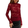 thumbnail image 3 of Womens Mesh Top Long Sleeve Mock Neck Sheer Blouse See Through Floral Lace Tops Wine Red XXL, 3 of 7