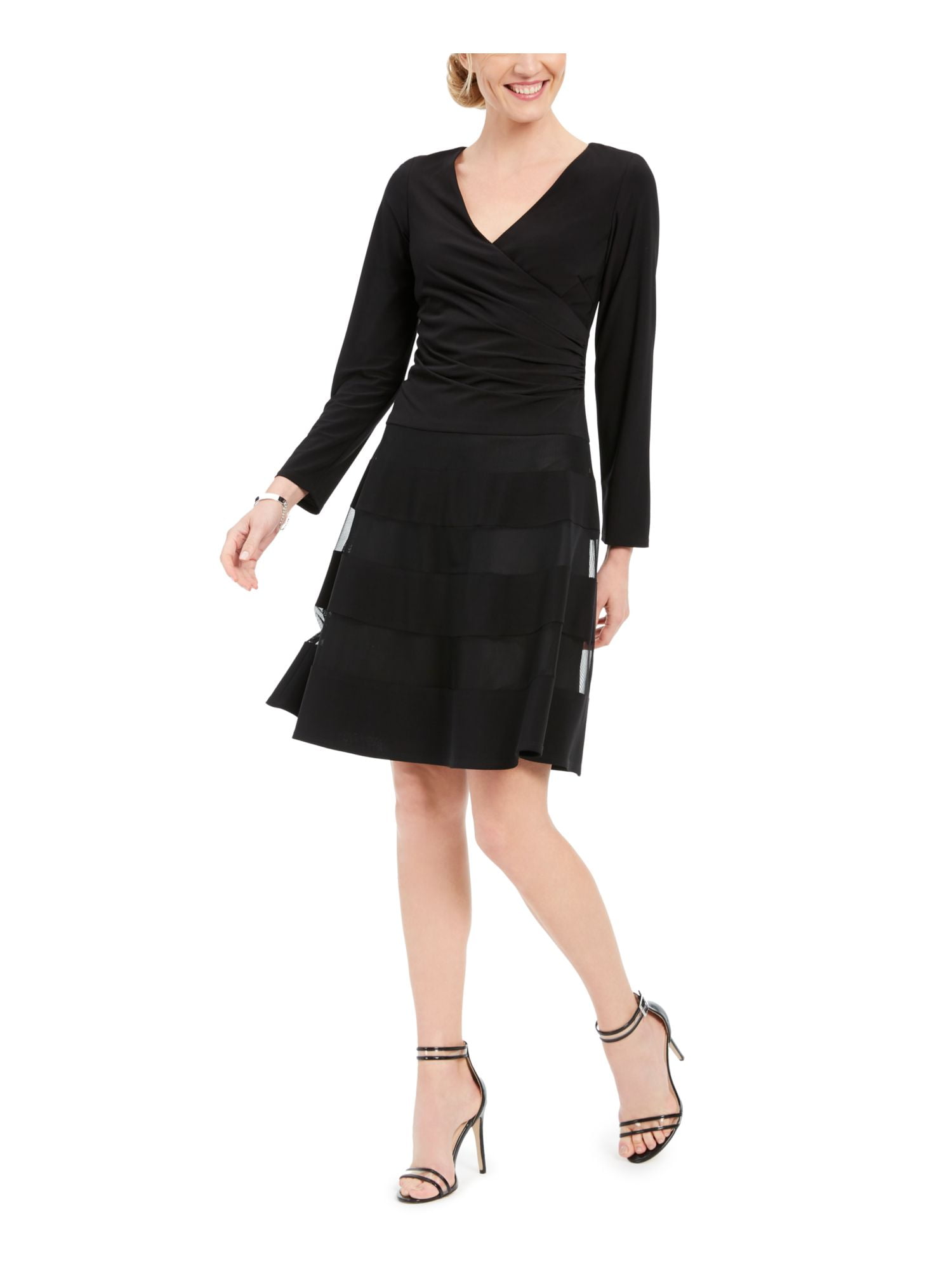 black v neck fit and flare dress