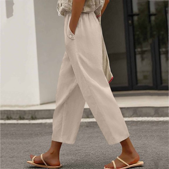 LEKWK Linen Crop Pants for Women Elastic Waist Casual Wide Leg Pants Loose Fit Solid Comfy Palazzo Bottoms with Pockets Fashion Beach Vacation Outfits