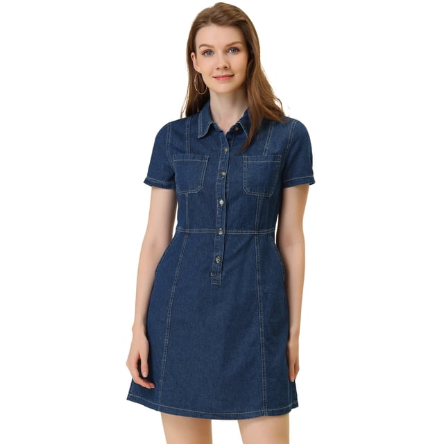 INSPIRE CHIC Robe d'Été Élégante en Denim pour Femme à Col et Manches Courtes Bleu TG