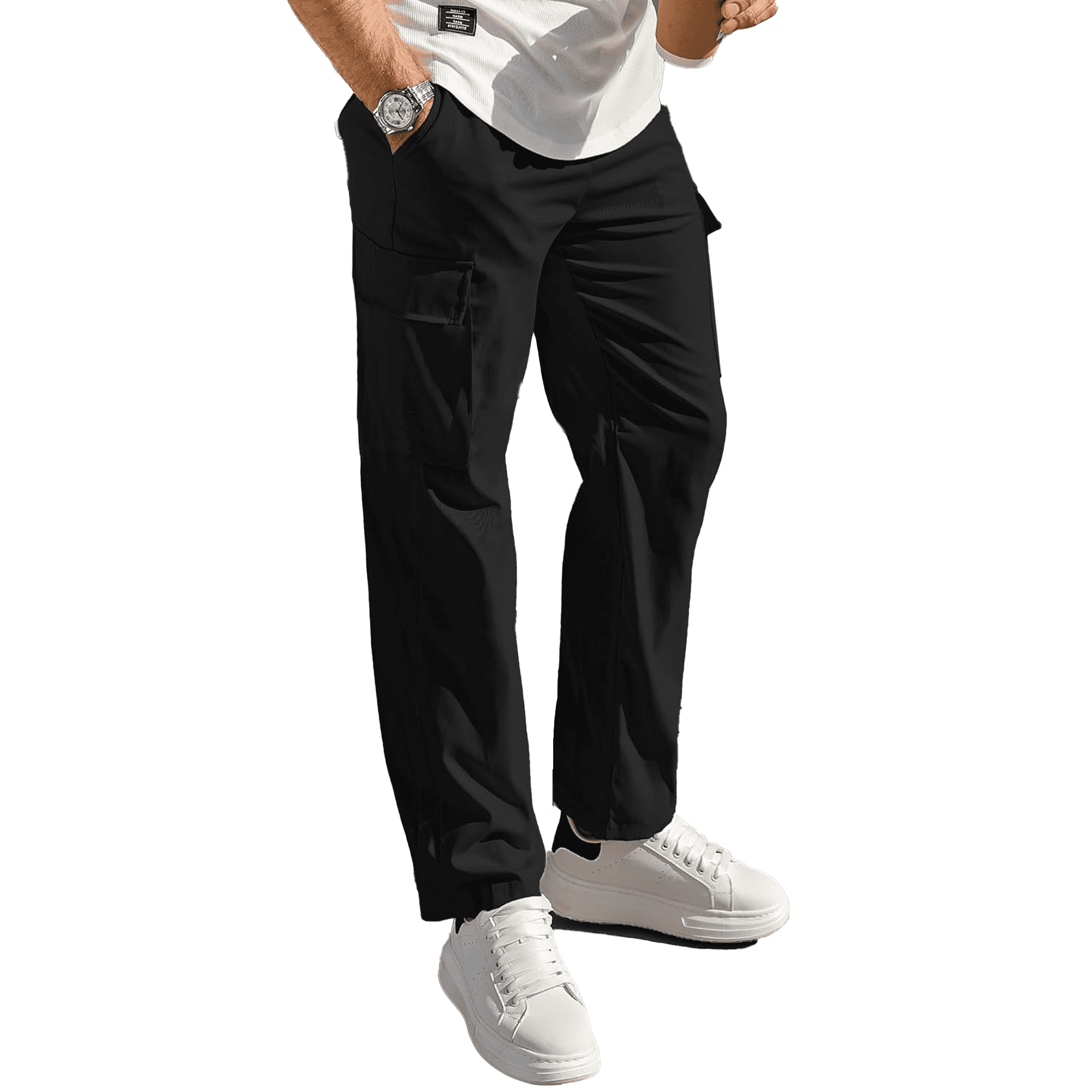 PUZTLOY Men Cargo Pants work Joggers Sweatpants Casual Hiking baggy Workout Drawstring Pants with Multi Pockets Black