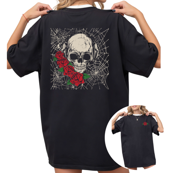 UNISHE Women's Skull with Roses and Spiderweb Graphic Short Sleeve T-Shirt Casual Cotton Crewneck Top