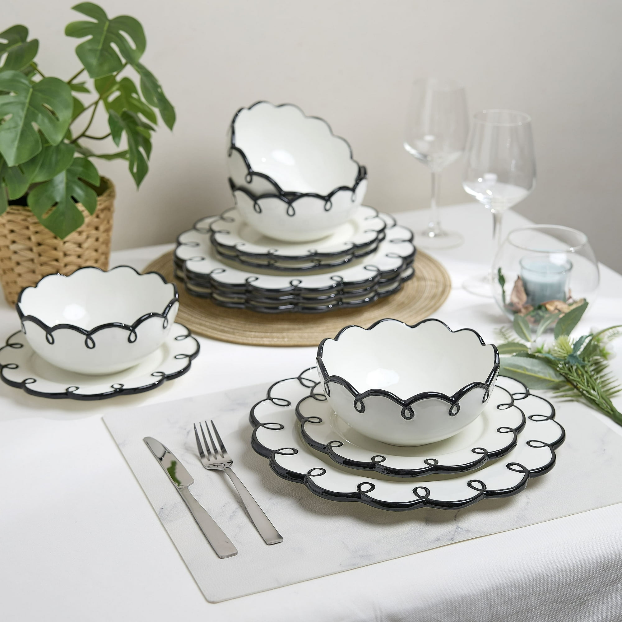 Sango Splash of Cheers 12-Piece Earthenware Dinnerware Set for 4- White with Black Scalloped Rims