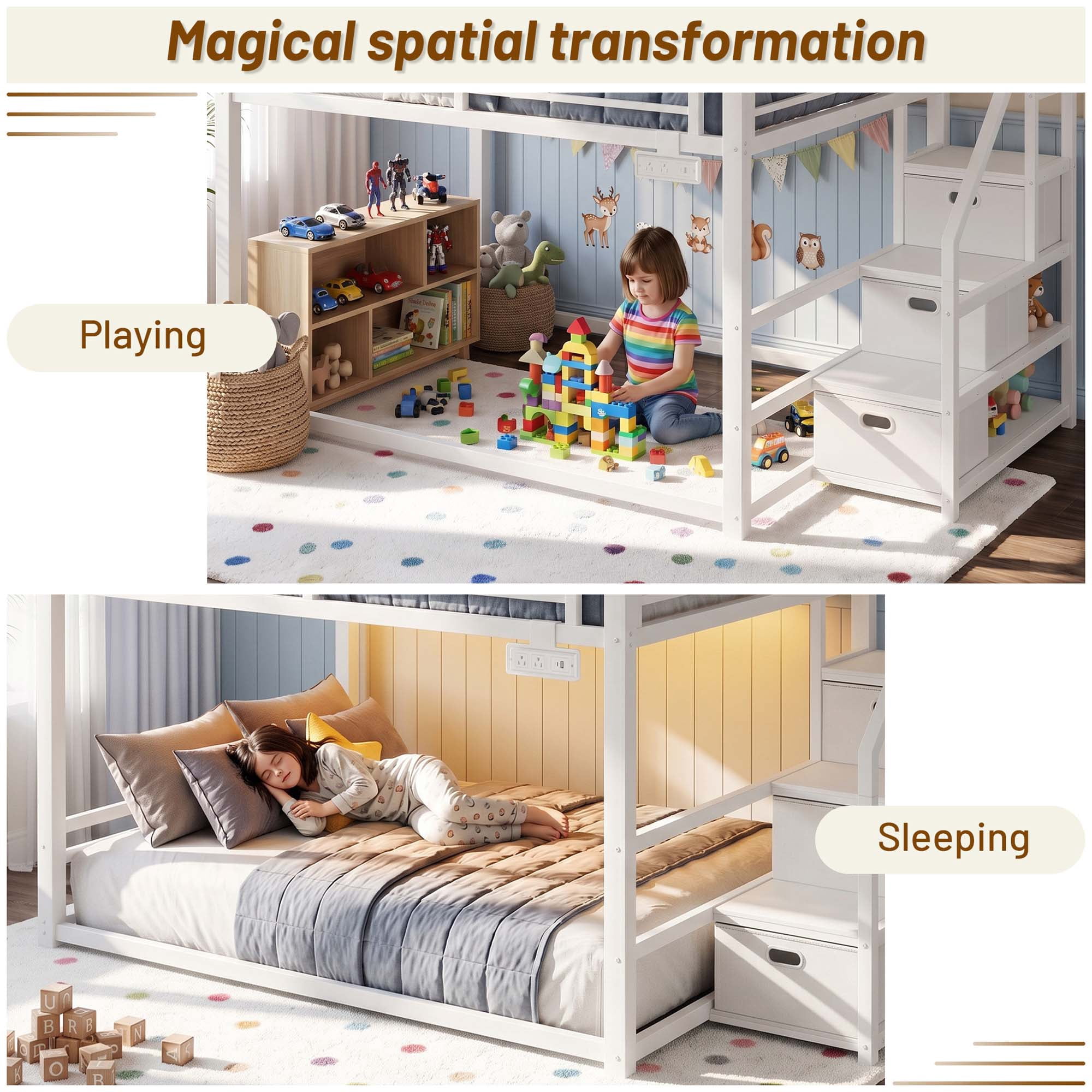 Miniyam Full Over Full Bunk Bed with Storage Stairs, Movable Charging Station and LED Lights, White