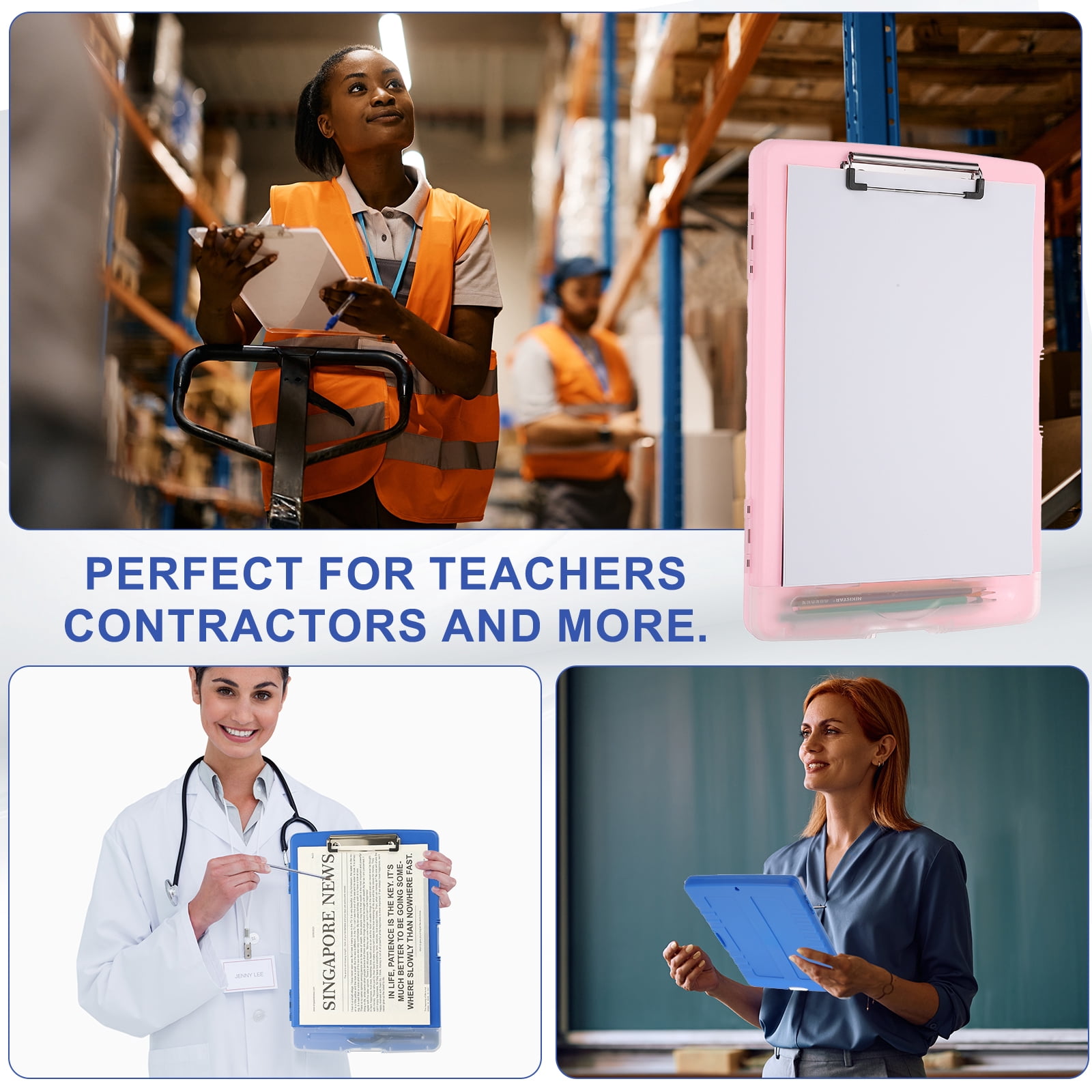 Uxcell 14'' x 10'' Metal Clipboard with Plastic Storage Large Capacity Clipboards Case for Writing Pink