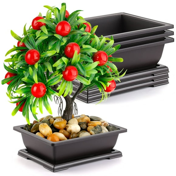 Bonsai Pot, Pack Of 3 Rectangle Bonsai Training Pots with Trays for Potted Plants, Plastic Flowerpot Bonsai Planter for Living Room Office Yard Garden