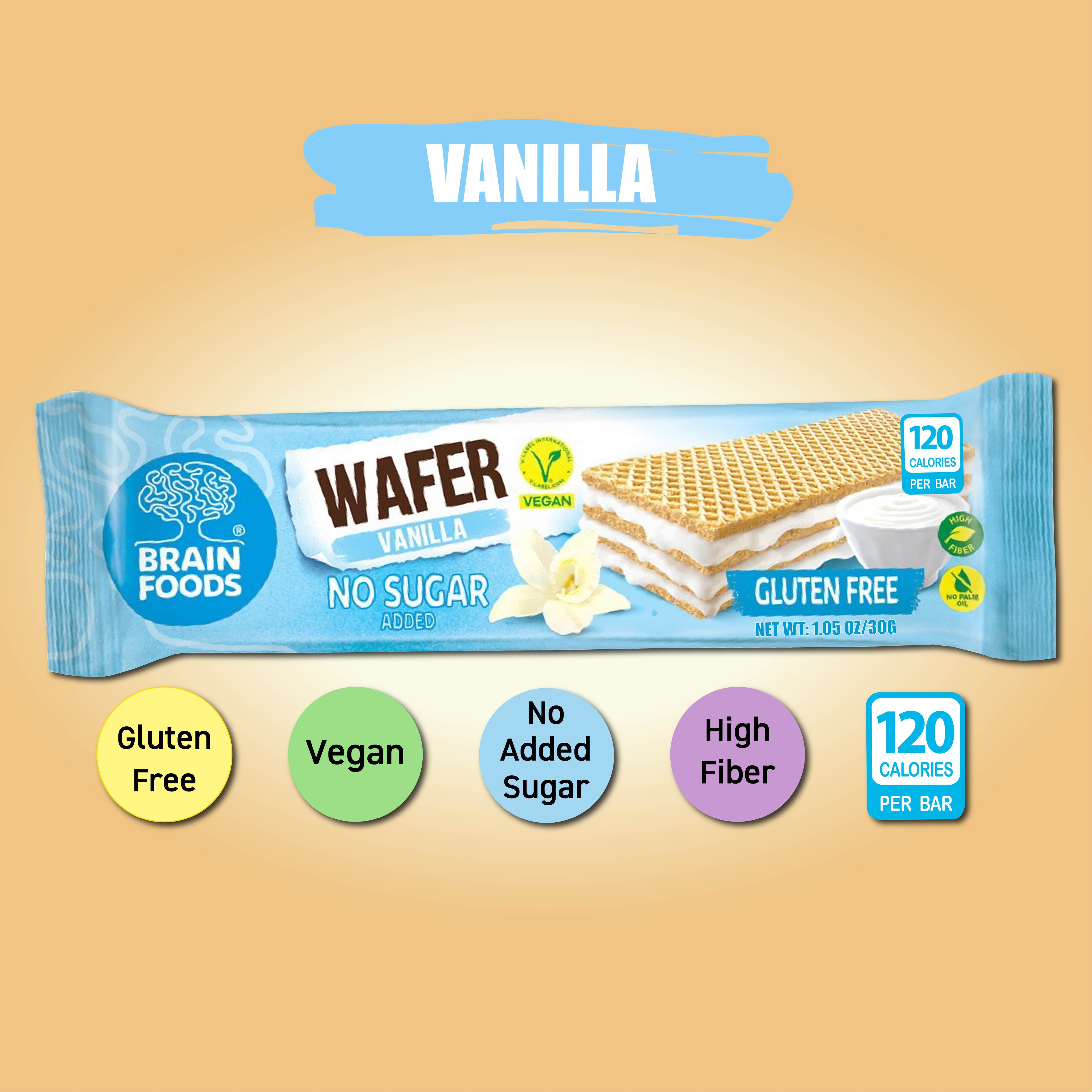 BRAIN FOODS Gluten Free Vegan Vanilla Wafers - 12 Bars, No Sugar Added, High Fiber, No Palm Oil, 1.05oz, 120 Calories, Guilt Free Snack, Natural Vanilla Flavor