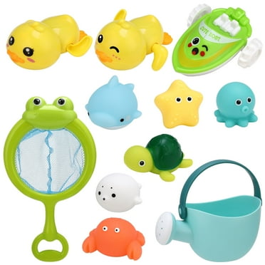 sixwipe Bath Toys for Babies 6-12 Months , Swimming Ducks Amphibious Dinghy Bath Toys for Toddlers 1-3, No Hole Animal Floating Pool Toys, Fishing Net Watering Can Baby Bathtub Water Toys