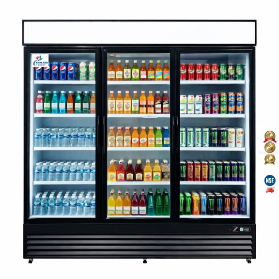 Commercial Merchandiser Refrigerator, 3 Glass Door, Beverage Cooler, 74" x 26" x 82", 62.5 Cu. Ft., NSF Certified