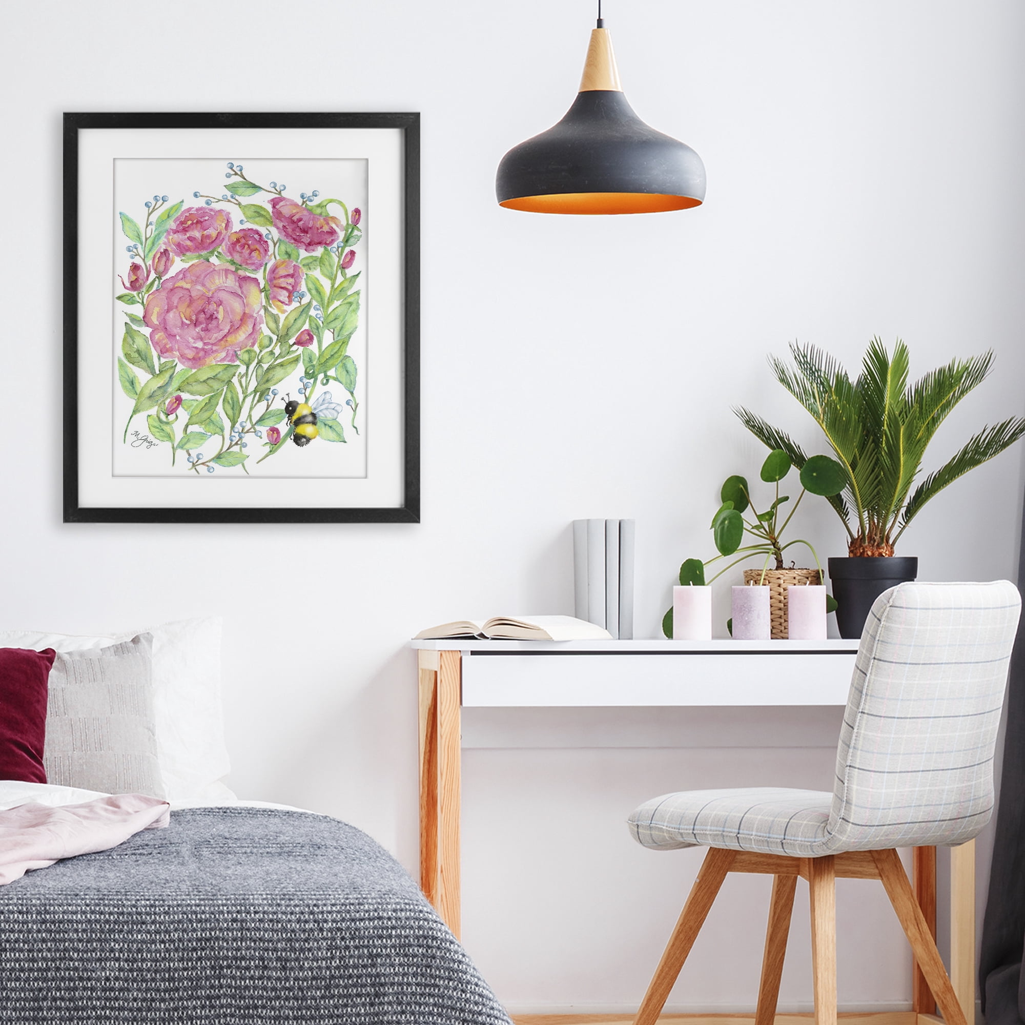 Stupell Industries Peony & Bumble Bee Black Framed Print Under Glass, design by Maureen Grigs