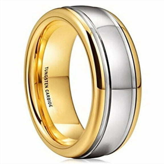 Wedding Rings Men. 8mm Domed Polished Gold & Silver Tungsten Wedding Band