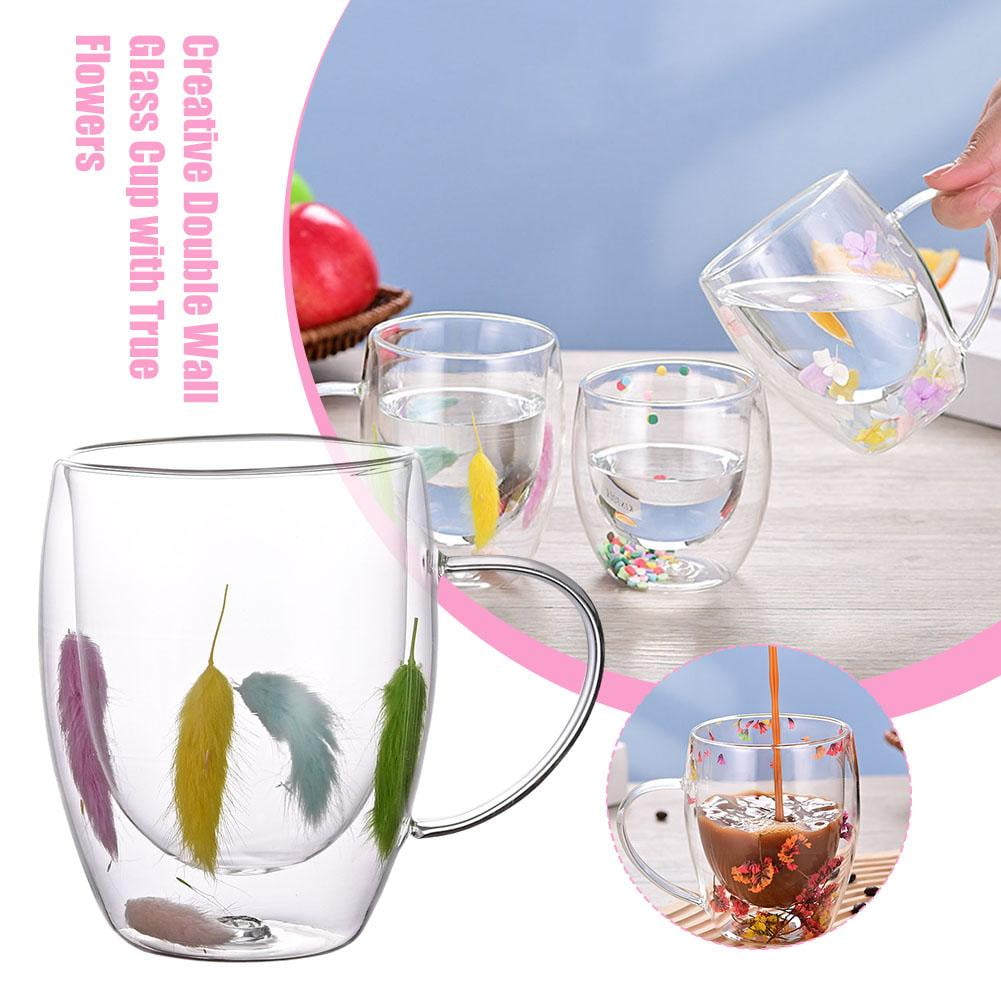 Creative Double Wall Glass Cup Real Flower Conch Flash E2