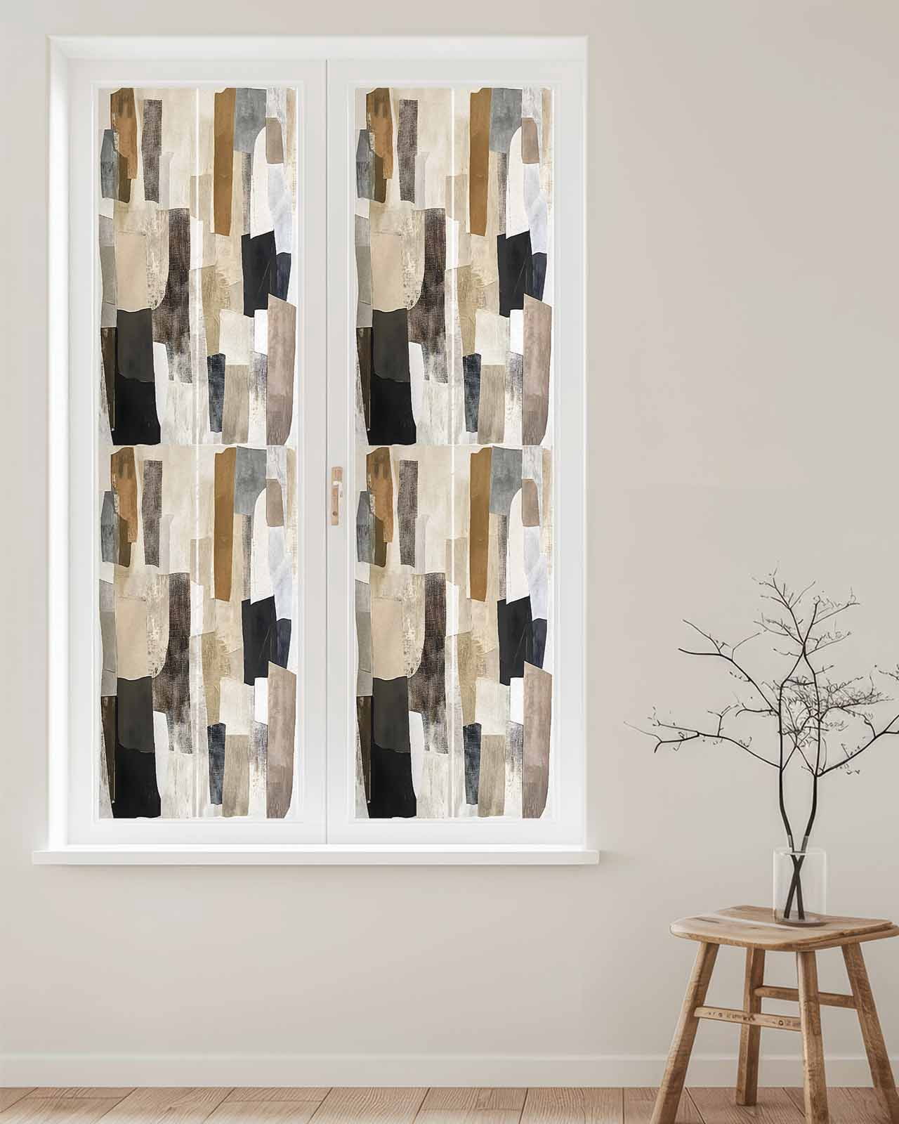 Window Privacy Film Modern Black Brown Stained Glass Window Film Decorative Sun Block Window Cover Abstract Oil Painting Art Window Clings Static Adhesive Sticker for Bathroom 23.6"x78.7"