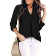 thumbnail image 5 of Idoravan Long Sleeve Shirts for Women Women's Fashion Casual V-Neck 3/4 Sleeve Work Shirt Solid Chiffon Fold Tunic Top Office Wear Blouses, 5 of 8