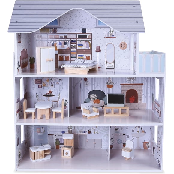 Kids House Casa de Muñecas de Madera con Muebles Ivonne, Casita de Juguete para Niñas con 15 Muebles y Accesorios, Hermosos Detalles, Amplia y Divertida, Ideal para Muñecas Pequeñas