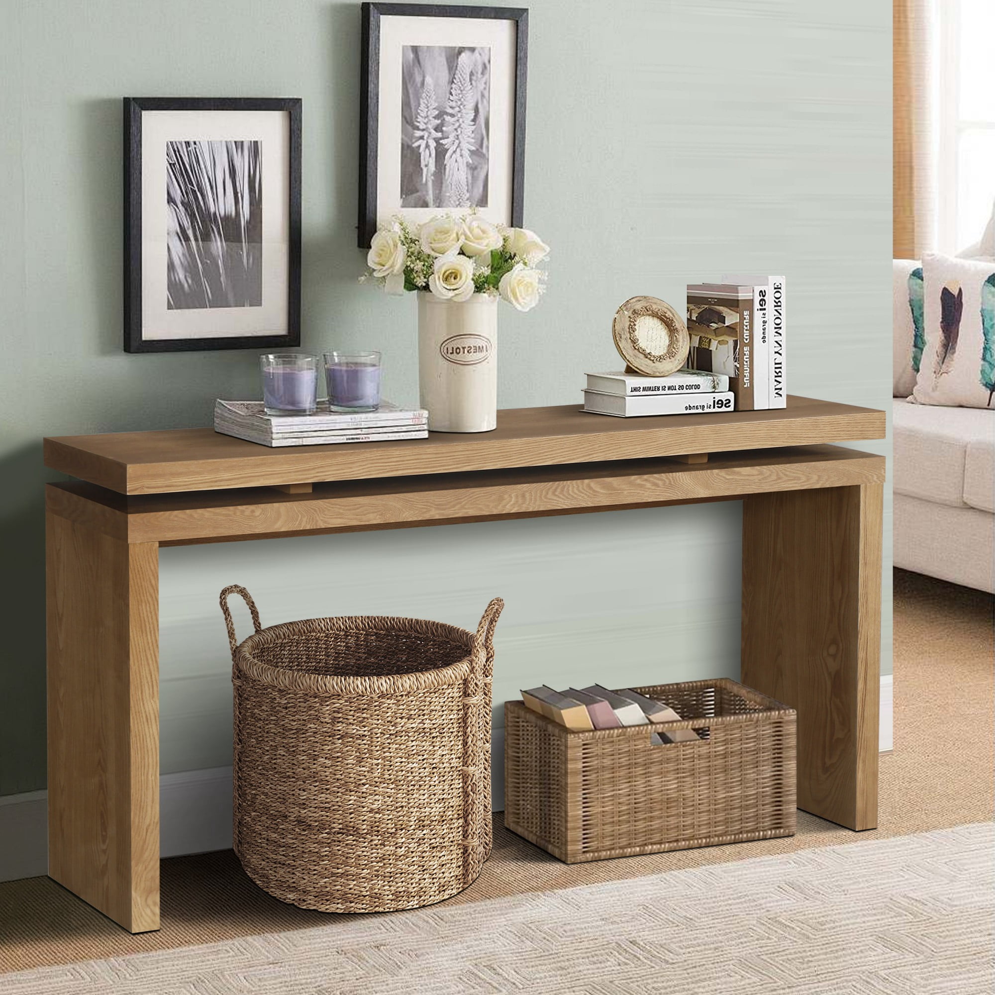 60" Antique Natural Farmhouse Console Table, Retro Wooden Entryway Table with Double Board Suspension Design, Solid Wood & MDF, Sofa Table for Living Room (Antique Brown)