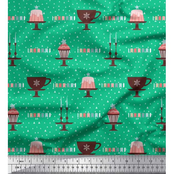 Soimoi Crepe Silk Fabric Celebration Flag,Candlestick & Cake Party Print Sewing Fabric Yard 42 Inch Wide