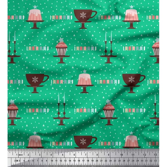 Soimoi Crepe Silk Fabric Celebration Flag,Candlestick & Cake Party Print Sewing Fabric Yard 42 Inch Wide