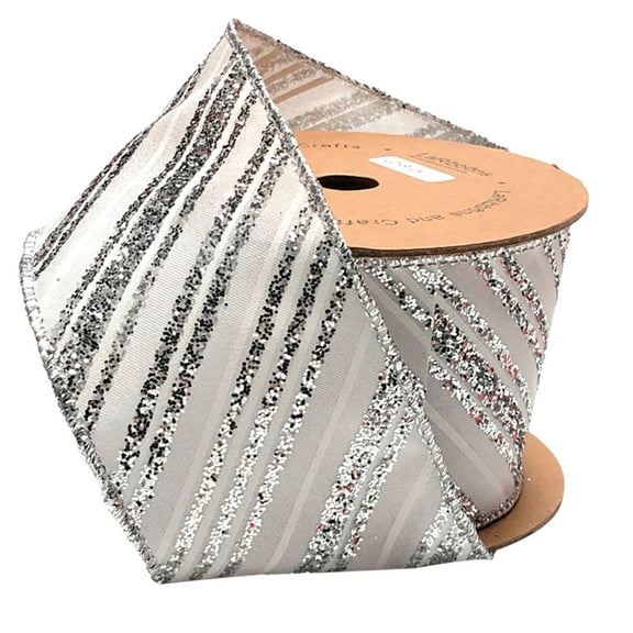 LaRibbons 2 1/2" Wired Ribbon | "Glitter Striped" White/Silver | 10 Yard Roll