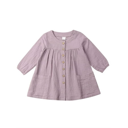 

Inevnen Toddler Baby Girl Dress Long Sleeve Cotton Linen Dress Top Blouse with Pockets