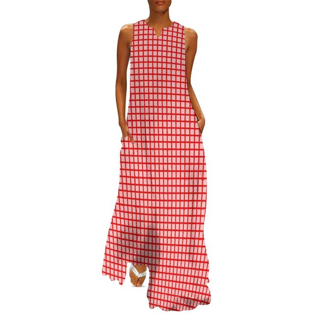 Robe à Carreaux Vichy Rouge et Blanc Robe Maxi Vintage Street Wear Boho Plage Longues Robes Col en V Design Surdimensionné Vestidos