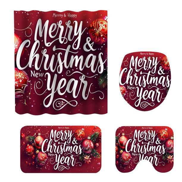 Juego De Cortina De Ducha Navideña Con Manta Antideslizante, Asiento De Inodoro Y Alfombrilla De Baño. Decoración De Baño De 4 Piezas. Navidad10