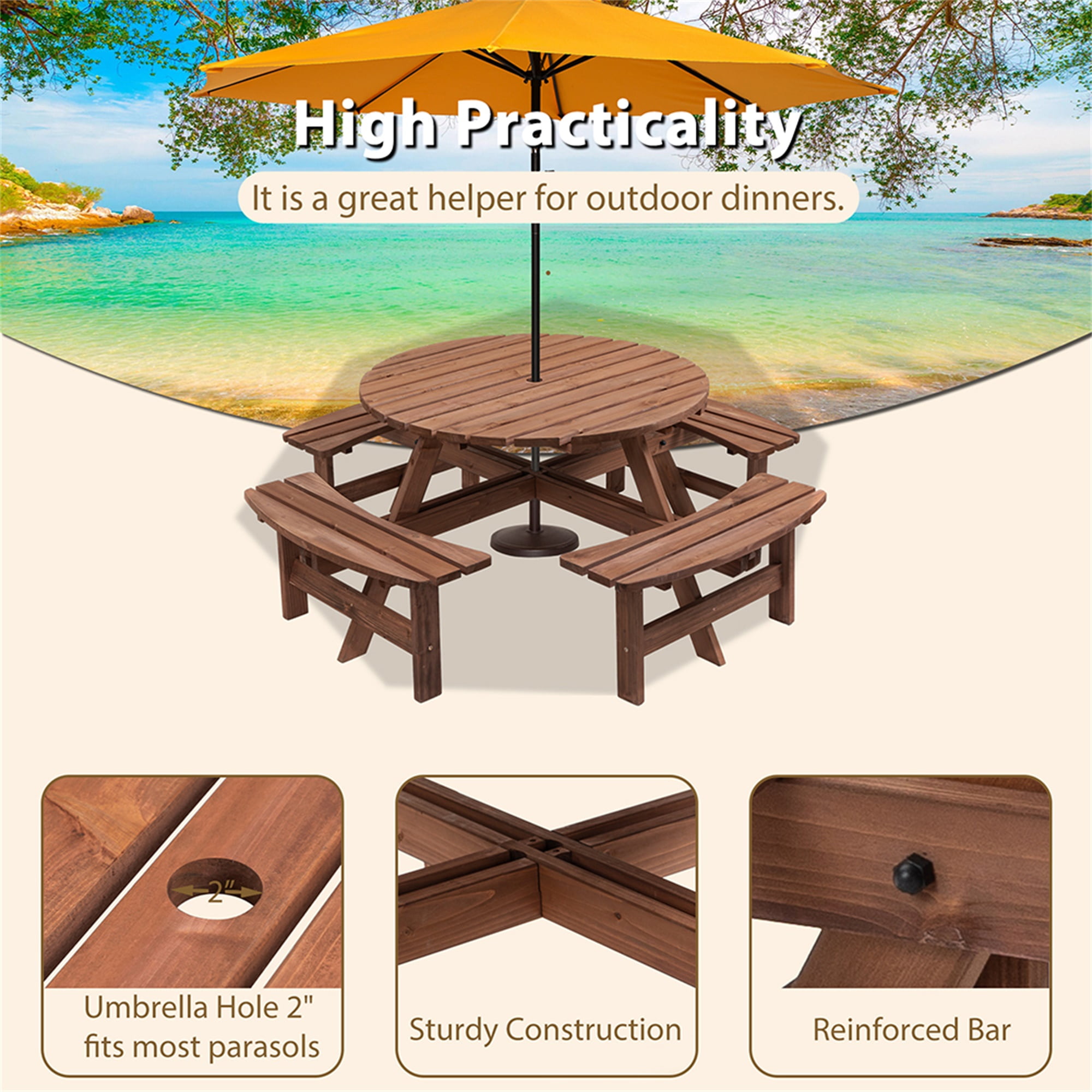 Aimee Lii 8-Person Outdoor Circular Wooden Picnic Table with 4 Built-in Benches for Patio Backyard Garden, Brown Aimee Lii 8-Person Outdoor Circular Wooden Picnic Table with 4 Built-in Benches for Patio Backyard Garden, Brown