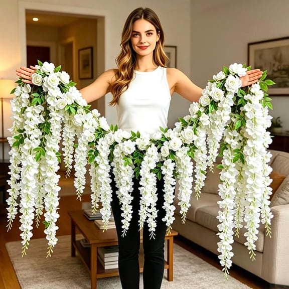Wisteria Artificial Flowers Garland, 8FT White Artificial Wisteria Vine Silk Hanging Flower for False Flower Arch White Foliage for Background Gardening Arrangement